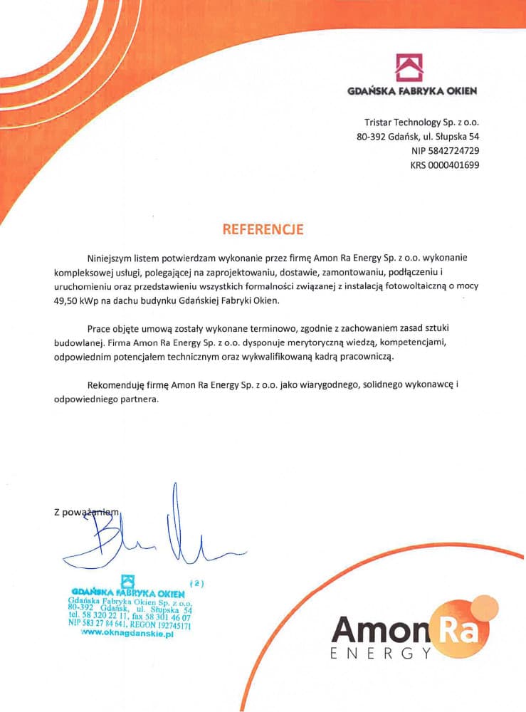 List referencyjny — Gdańska Fabryka Okien